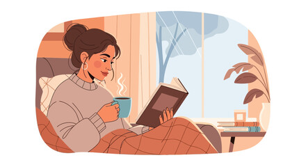 Obraz premium Cozy woman reading book with hot drink in winter, enjoying quiet time indoors.