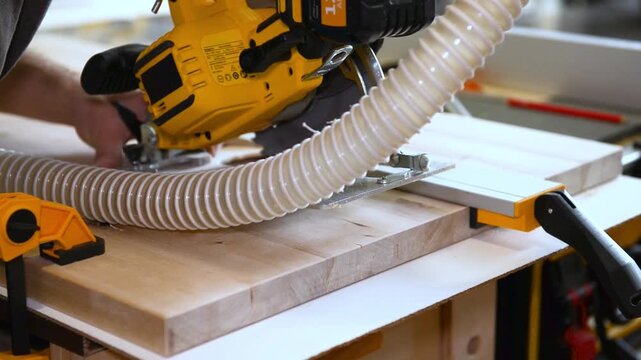 Close up view of Carpenter using electric circular saw to cut wood during construction or renovation work. Close up view of power tool in action in a workshop.