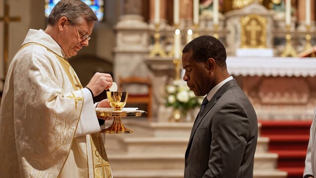 Clergy member in white vestments administers communion to African American man in suit during religious ceremony inside ornate church with altar and decorations
