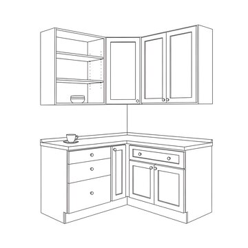 Line drawing of kitchen cabinets and drawers
