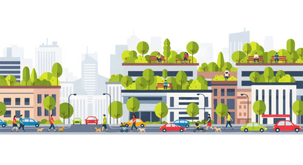 Naklejka premium Cityscape with green roofed buildings and urban landscape