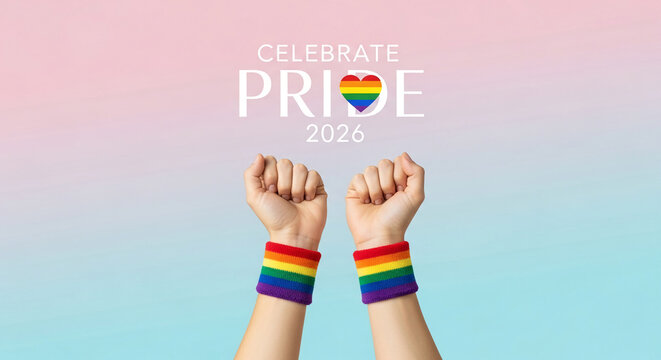 Two fists with rainbow wristbands, symbolizing LGBTQ+ pride and celebration, against a gradient background, indicating inclusivity and unity