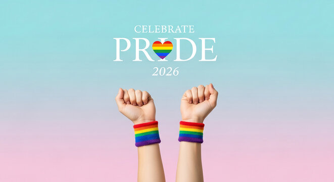 Two raised fists wearing rainbow wristbands against a gradient background, symbolizing pride, celebration, and support for LGBTQ+ rights