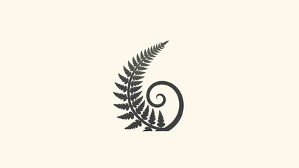 Black fern frond uncurling into a spiral on a light cream background © Suha
