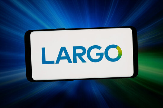 Stuttgart, Germany - 04-23-2026: In this photo illustration, the logo of vanadium and ilmenite company Largo Inc. is displayed on a smartphone in front of abstract background on computer screen.