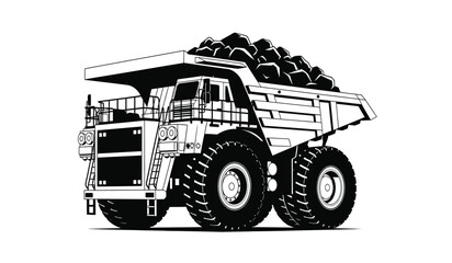 Detailed black silhouette of a large dump truck carrying a full load against a white background silhouette high quality professional detailed modern elegant stylish © Thysl2000