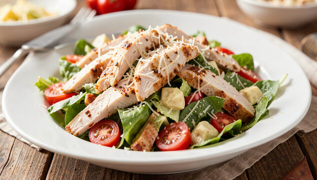 Close-up view of a mouthwatering salad with grilled chicken breast, mixed greens, sliced tomatoes, and shredded cheese.