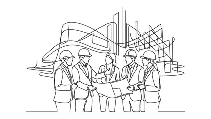 Obraz premium Continuous line drawing of engineers discussing construction plans.