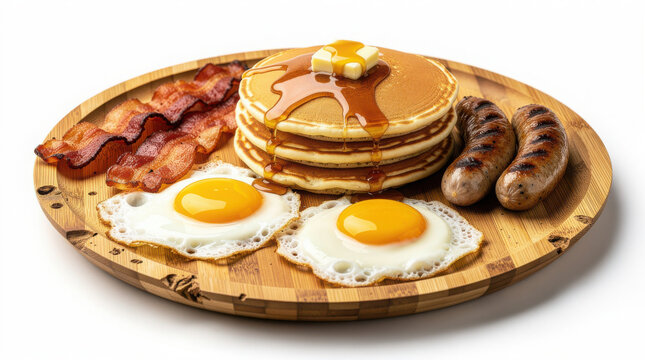 Lumberjack Breakfast on Bamboo Plate 35 Degree Angle Isolated on White Background Studio Shot