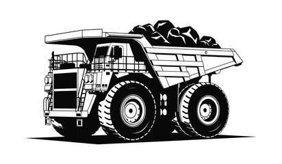 Large mining dump truck vehicle silhouette with a full load black and white illustration on a white background silhouette high quality professional detailed modern © Thysl2000