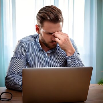 Man rubs eyes, stressed by laptop screen