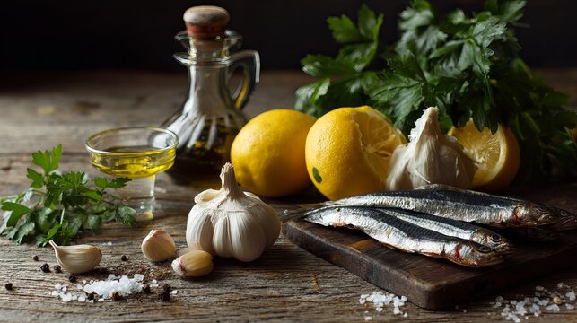 Fresh ingredients for anchovy dressing sit still. Lemon, garlic, oil, salt, and pepper join the anchovies.