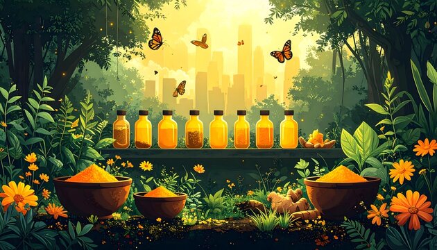 Surreal botanical illustration of Indonesian jamu herbal medicine bottles on a forest shelf with turmeric bowls, ginger roots and monarch butterflies in golden green light
