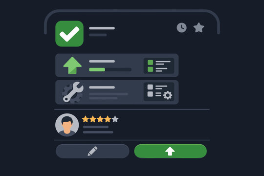 Dark mode mobile app interface illustration for task management and productivity showing completed tasks with checkmarks, user ratings, settings tools, and interactive navigation buttons.