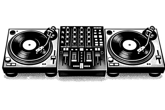 Monochromatic stipple-effect music workstation with twin decks and a mixing board. Modernist comic-style hardware for disco themes, auditory projects, and vintage-style promotional prints.