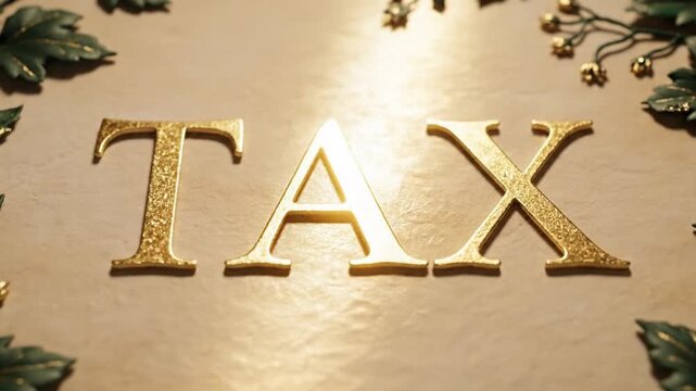 Tax Concept Depicting Gold Letters Reading Tax in Ornate Frame Surrounded by Green Leaves