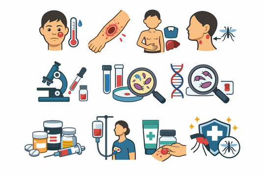 Leishmaniasis Disease Symptoms, Diagnosis, and Treatment Vector Icon Set with Skin Ulcers, Fever, Parasite Identification under Microscope, DNA Testing, Medications, and Mosquito Prevention