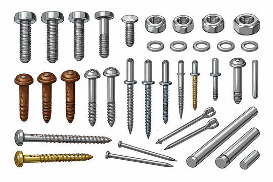 Realistic Metal Fastener Set with Steel Bolts, Hexagon and Round Head Screws, Nuts, Washers, Rusty Rivets, Chrome Nails, and Cotter Pins for Industrial Construction, Repair, and DIY Hardware Work.