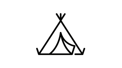 Simple black line drawing of a triangular camping tent with an opening © vuy