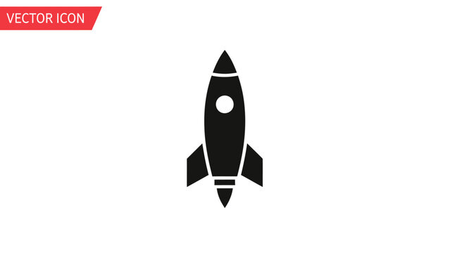 Black rocket icon with pointed tip, fins, and circle window