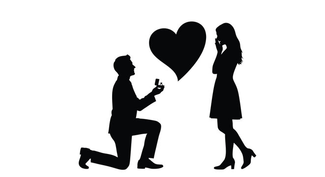 man proposing to woman with heart shape black silhouette