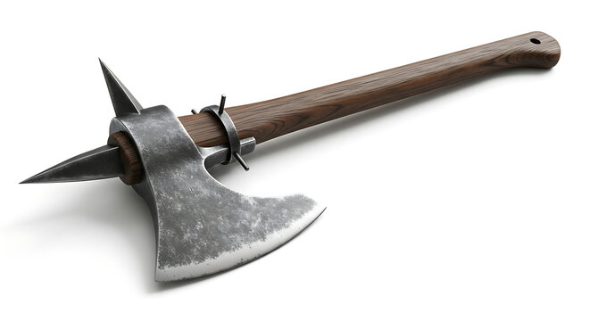 Heavy war axe with a sharp, pointed spike and wooden handle, ancient weapon isolated on white background