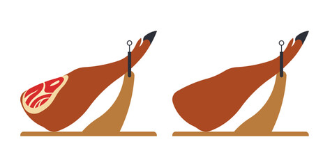 Jamon leg on stand - jamonero. Whole and sliced Spanish cured ham, variations. Simplicity vector illustration on white background 