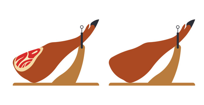 Jamon leg on stand - jamonero. Whole and sliced Spanish cured ham, variations. Simplicity vector illustration on white background 