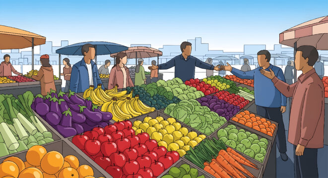 Vibrant outdoor market scene with fresh produce and shoppers