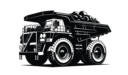 Large mining dump truck silhouette with loaded bed black and white graphic on a white background silhouette high quality professional detailed modern elegant stylish © Thysl2000