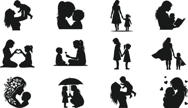 Set of mother and child silhouettes