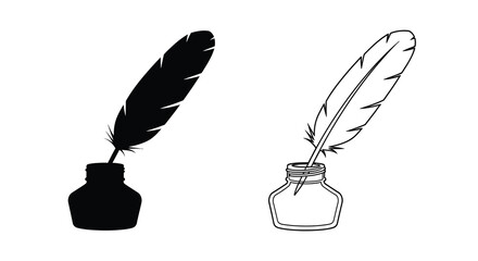 feather quill and inkwell black and white silhouette © MdGolam