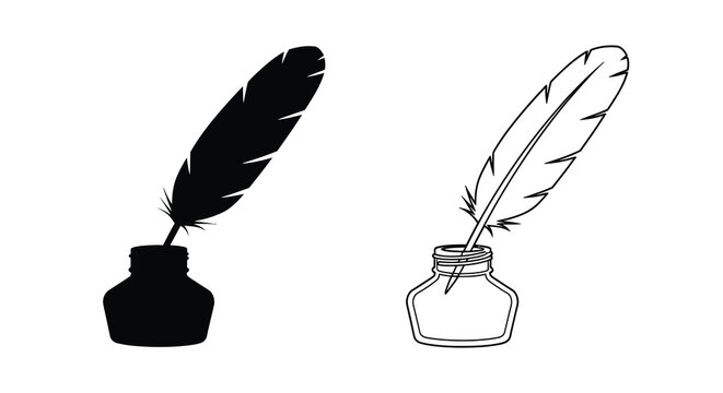 feather quill and inkwell black and white silhouette