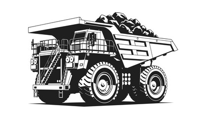 Large mining dump truck carrying rocks and boulders detailed illustration in black and white silhouette high quality professional modern elegant stylish clean crisp vibrant © Thysl2000