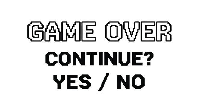 Game over screen with continue options pixel art silhouette