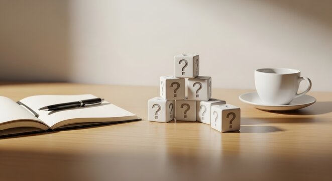 Question mark blocks on wooden table with coffee cup