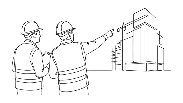 continuous line drawing Two construction workers discussing building plans.