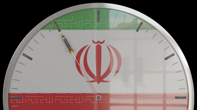 A missile as the seconds hand of a clock with an Iranian flag as the dial. 