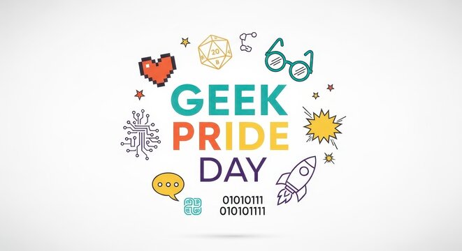 colorful geek pride day celebration with festive doodle icons and rainbow theme
