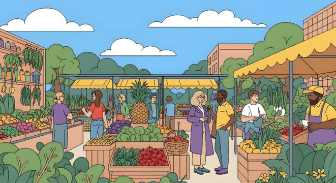Vibrant farmer's market scene with diverse people buying fresh produce