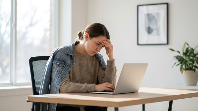 young professional woman stressed while working on laptop at bright home office desk
