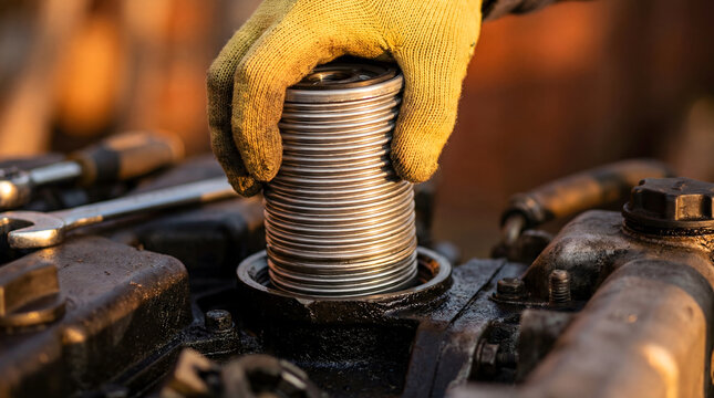 Mechanic installing threaded fuel filter component on engine block