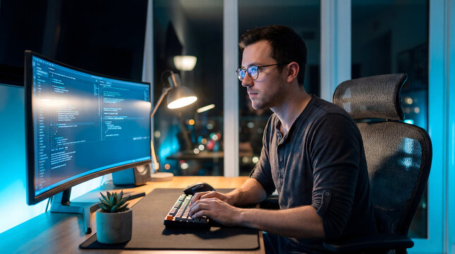 Software developer coding at night with blue screen light in home office