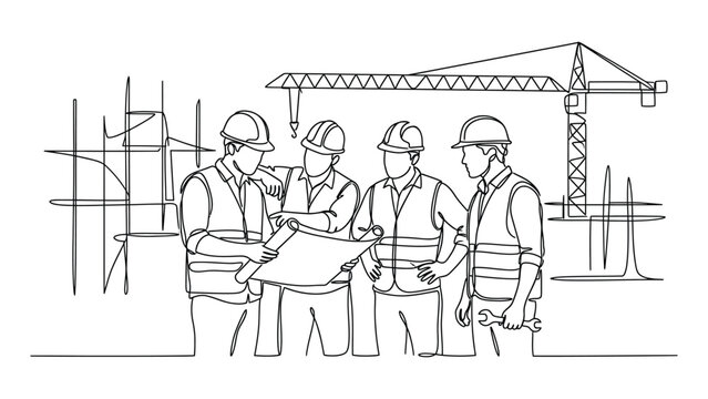 continuous line art four construction workers discussing building plans.