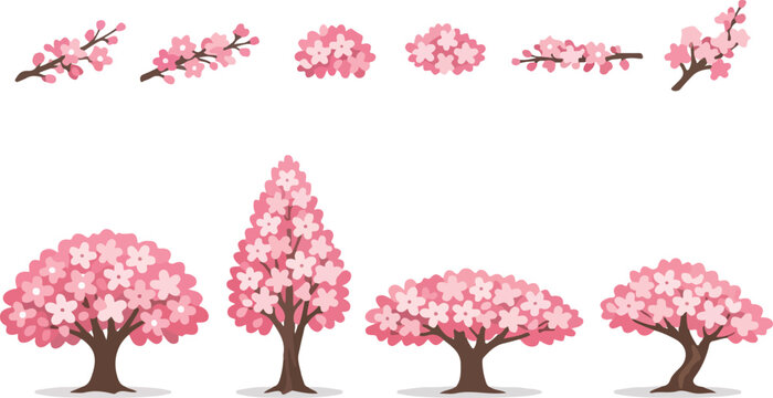 Wide Format Cherry Blossom Vector Pack with Horizontal Trees Branch Elements and Soft Pink Floral Designs