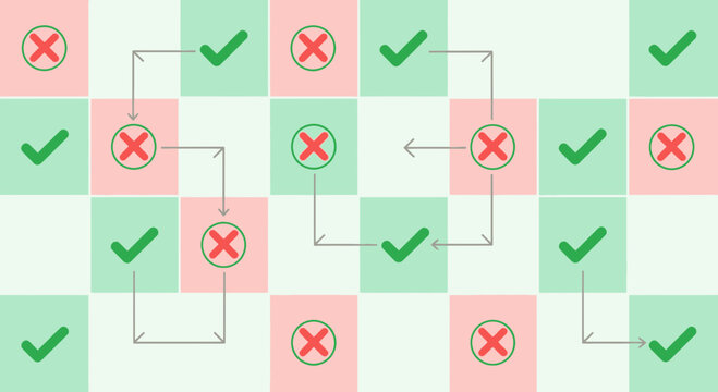 Pathfinding Puzzle: Navigating Grid with Checkmarks and Crosses