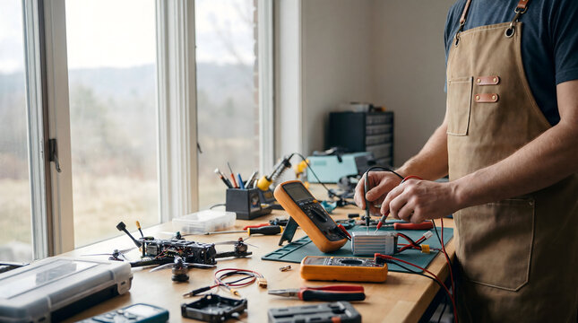 Technician testing FPV drone electronics with multimeter at workshop bench