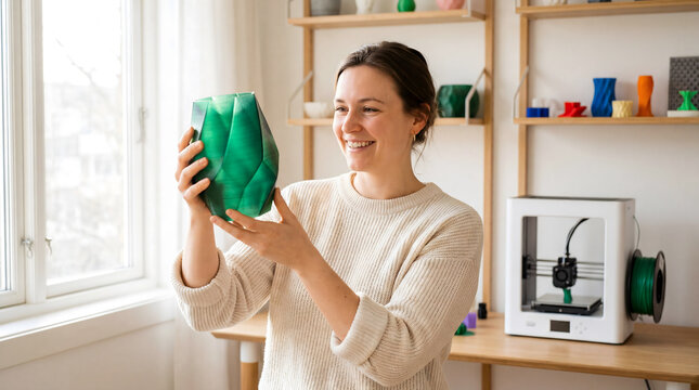 Smiling woman inspecting green 3D printed vase in bright home studio