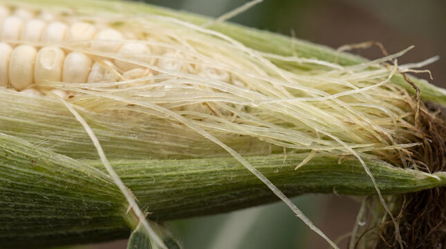 Close-up of fresh corn silk and husk on raw corn cob