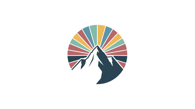 Stylized mountain peak with radiating colorful sunburst within a circle